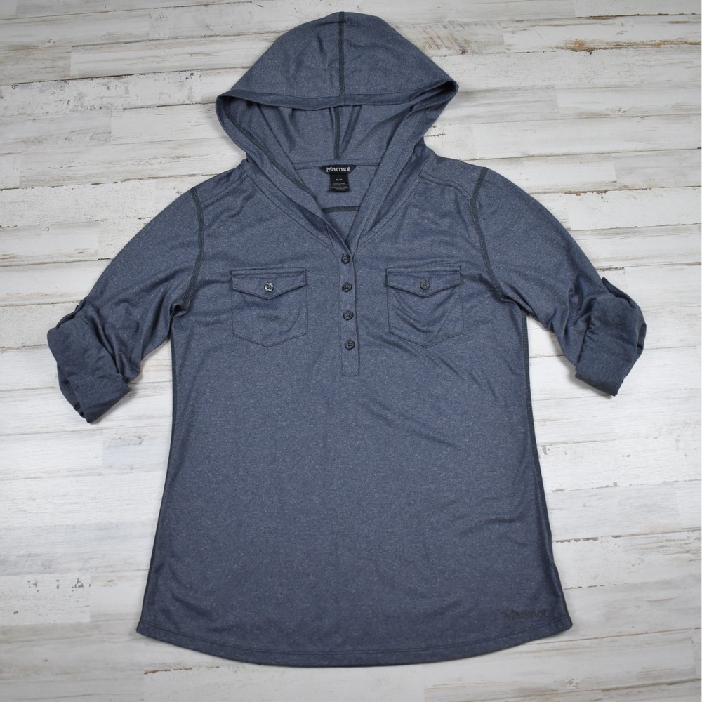 Marmot Hooded Henley Shirt Womens M Gray Roll Tab Sleeve Tee Outdoors Gorpcore